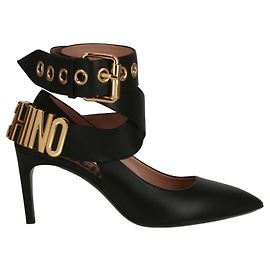 Décolleté in pelle Moschino con logo e scritta Nero