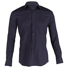 Prada-Prada T-shirt classique à manches longues boutonné sur le devant en coton bleu marine-Bleu,Bleu Marine