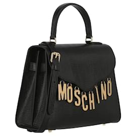 Moschino-Moschino Logo Charm Leather Top Handle Bag-Black