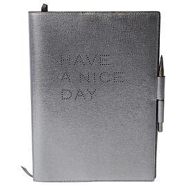 Anya Hindmarch 'Have A Nice Day' A4 Journal in Metallic Silver Capra Leather Silvery Metallic