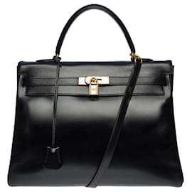 Hermès-Superbe Sac Hermes Kelly 35 retourné bandoulière en cuir box noir, garniture en métal plaqué or-Noir