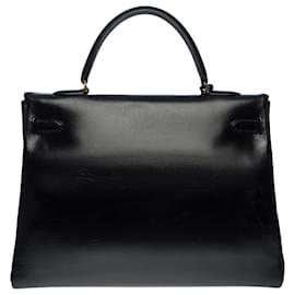 Hermès-Beautiful Hermès Kelly bag 35 returned shoulder strap in black box leather, gold plated metal trim-Black
