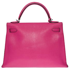 Hermès-Splendid & Rare Hermes Kelly handbag 32 saddler shoulder strap in Fuchsia Mysore goatskin, palladium silver plated trim-Pink