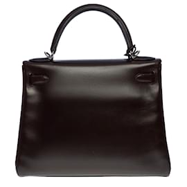 Hermès-Exceptional & Rare Hermes Kelly Handbag 28 turned shoulder strap in brown box leather, palladium silver metal trim-Brown