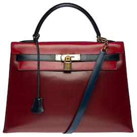 Hermès-Stunning Hermes Kelly handbag 32 Tricolor "Arlequin" shoulder saddler in Red H box leather, Burgundy and Navy, gold plated metal trim-Dark red
