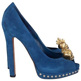 Alexander McQueen Escarpins à Plateforme Peep Toe Crystal Skull en Daim Bleu Bleu