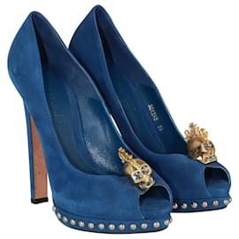 Alexander Mcqueen-Alexander McQueen Crystal Skull Peep Toe Platform Pumps in Blue Suede-Blue