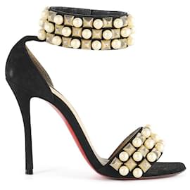 Christian Louboutin-Christian Louboutin Black Suede with Gold Studs & Pearls Tudor Bal 100 Sandals-Black