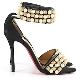 Christian Louboutin-Christian Louboutin Black Suede with Gold Studs & Pearls Tudor Bal 100 Sandals-Black