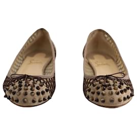 Christian Louboutin-Christian Louboutin Spiked Ballerina Flats in Beige Suede-Beige