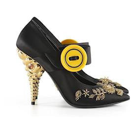 Prada-Prada Black Satin Embellished Gold & Crystal Heel Pumps-Black