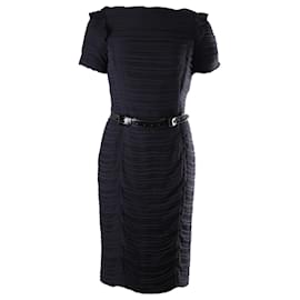 Burberry-Burberry Pleated Midi Dress with Belt in Navy Blue Silk-Blue,Navy blue