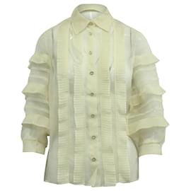 Miu Miu-Blusa de seda color crema con botones y volantes de Miu Miu-Blanco,Crudo