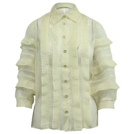 Miu Miu Ruffled Button Down Blouse in Cream Silk White Cream