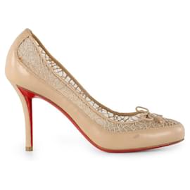 Christian Louboutin-Christian Louboutin Nude Leather and Lace Bow Pumps-Flesh