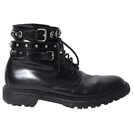 Saint Laurent-Saint Laurent Studded Ankle Strap Combat Boots in Black Leather-Black