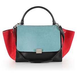 Céline-Celine Black Leather & Red/Blue Pony Hair Medium Trapeze Bag-Multiple colors