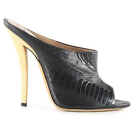 Vionnet Black Leather Croc Embossed Peep Toe Mules Black