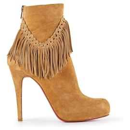 Christian Louboutin-Christian Louboutin Rom 120 Fringed Tan Suede Platform Ankle Boots-Brown,Beige