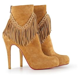 Christian Louboutin-Christian Louboutin Rom 120 Fringed Tan Suede Platform Ankle Boots-Brown,Beige