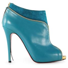 Christian Louboutin-Christian Louboutin Turquoise and Gold Col Zippe Leather Suede Ankle Booties-Other