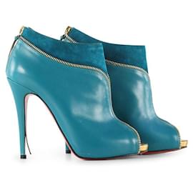 Christian Louboutin-Christian Louboutin Turquoise and Gold Col Zippe Leather Suede Ankle Booties-Other