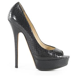 Jimmy Choo Black Snakeskin Peep Toe Platform Pumps Black