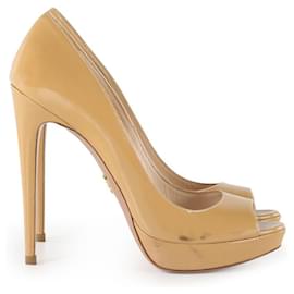 Prada-Prada Beige Patent Leather Peep Toe Pumps-Beige