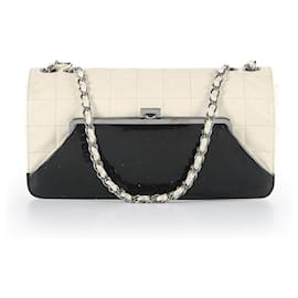 Chanel-Chanel White Quilted Lambskin Leather with Black Patent Leather Kiss-Lock Flap Bag-White