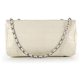 Chanel-Chanel White Quilted Lambskin Leather with Black Patent Leather Kiss-Lock Flap Bag-White