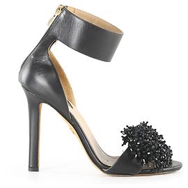 Elie Saab Black Leather Bead Embellished Sandals Black