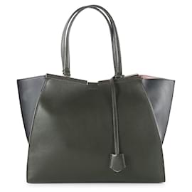 Fendi-Fendi Olive and Grey Leather Grande 3 Jours Tote Bag-Green,Olive green