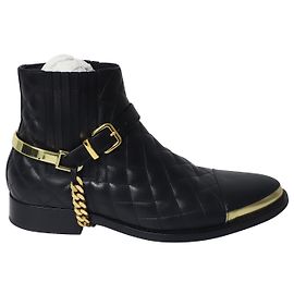 Balmain Quilted Chain Embellished Ankle Boots in Black Leather Black