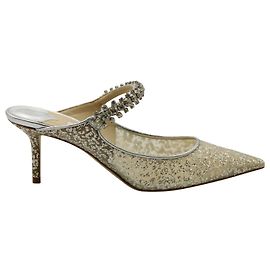 Jimmy Choo Bing 100 Glitter Tulle with Crystal Strap Mules in Silver Polyester Silk Silvery Metallic