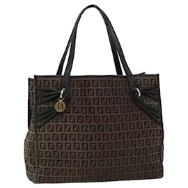 Fendi-FENDI Zucchino Canvas Tote Bag Brown Black Auth rd2893-Brown,Black