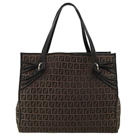 Fendi-FENDI Zucchino Canvas Tote Bag Brown Black Auth rd2893-Brown,Black