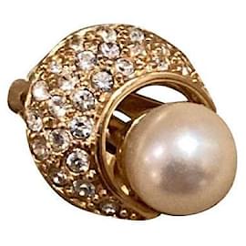 Christian Dior-Christian Dior Costume Pearl Pave Stone Moon Earring/Alloy/Plating-5.0g/Gold/White/Christian Dior Golden-White,Golden