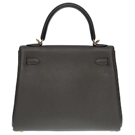 Hermès-Exceptional Hermès Kelly handbag 25 turned over shoulder strap in pewter gray Togo leather, palladium silver metal trim-Grey
