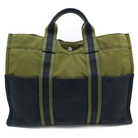 Hermès-HERMES TOTO GM CABAS HAND BAG IN GREEN AND BLACK CANVAS HAND TOTE BAG-Green