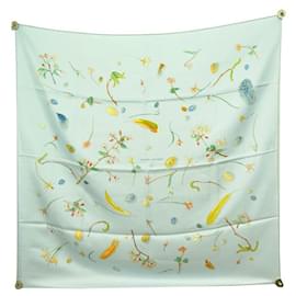 Hermès-NEW HERMES FOULARD FLOWERS AND FEATHERS 90 CM P COOKE LEIGH IN BLUE SILK SCARF-Blue
