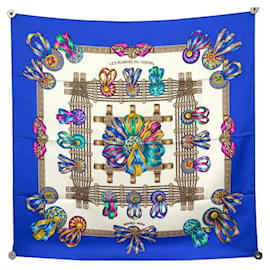 Hermès-HERMES SCARF THE RIBBONS OF THE HORSE METZ CARRE 90 SILK BLUE SILK SCARF-Blue