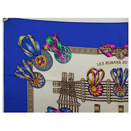Hermès-HERMES SCARF THE RIBBONS OF THE HORSE METZ CARRE 90 SILK BLUE SILK SCARF-Blue