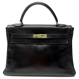Hermès-VINTAGE SAC A MAIN HERMES KELLY 32 EN CUIR BOX NOIR 1970 BLACK LEATHER HAND BAG-Noir