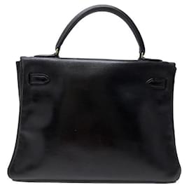 Hermès-VINTAGE SAC A MAIN HERMES KELLY 32 EN CUIR BOX NOIR 1970 BLACK LEATHER HAND BAG-Noir