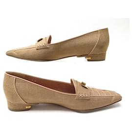 Chanel-VINTAGE CHANEL SHOES LOAFERS 39 with clasp closure 2.55 CANVAS BEIGE SHOES-Beige
