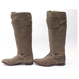 Hermès-SHOES BOOTS HERMES CAVALIERES 39 TAUPE SUEDE LEATHER BOOTS-Taupe