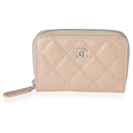 Chanel-Chanel Pearly Beige Quilted Caviar Zip-around Coin Purse -Flesh