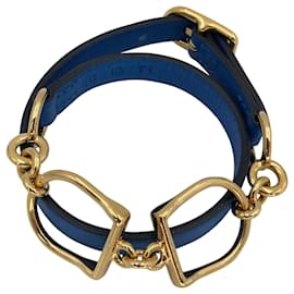 Hermès-Bracelet Tour doublé Hermès Etrier en cuir bleu électrique et or-Bleu