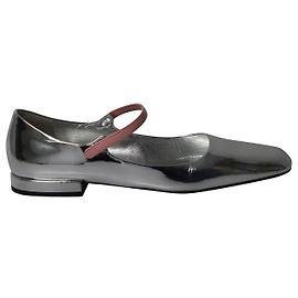 Prada Square Toe Ballet Flats in Silver Patent Leather Silvery
