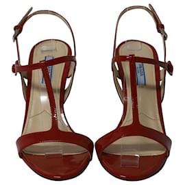 Prada-Prada T-Strap Sandals in Red Patent Leather -Red